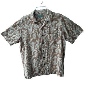 Kona Wind Button Front Tropical Shirt Tan White Pineapple Print Resortwear SZ S